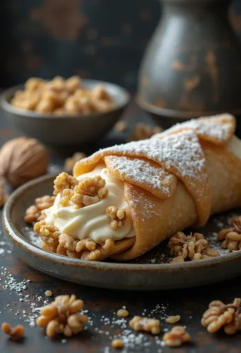 Vaníliakrémes-diós cannoli desszert tálalva