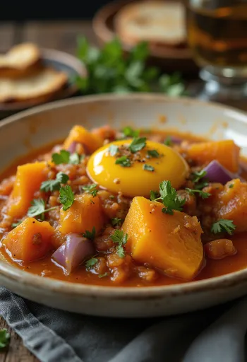 Alboronía tökkel, padlizsánnal és friss cilantro-val tálalva
