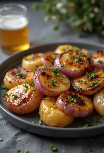 BBQ grillezett hagymás-borsos krumpli tálalva