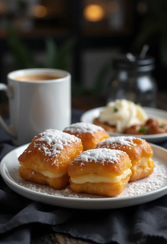 Beignet tálalva porcukorral