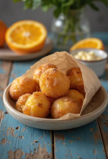 Bolinho de Chuva com Suco de Laranja, crispy dough balls with cinnamon and sugar served with fresh orange juice
