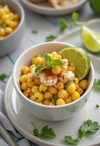 Esquites lime-mal, friss korianderrel és sajttal tálalva