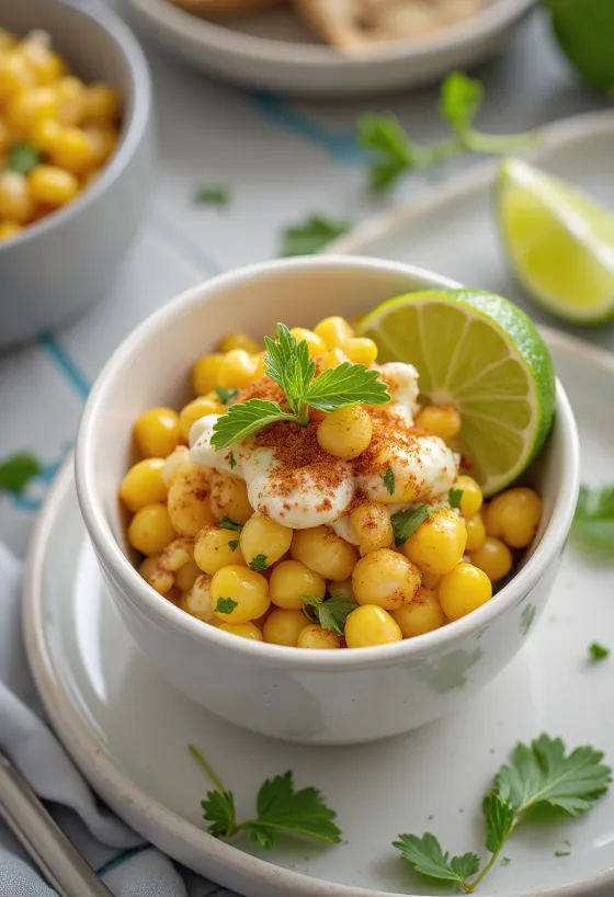 Esquites lime-mal, friss korianderrel és sajttal tálalva