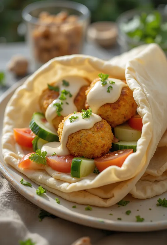 Falafel pitában friss zöldségekkel és tahini szósszal