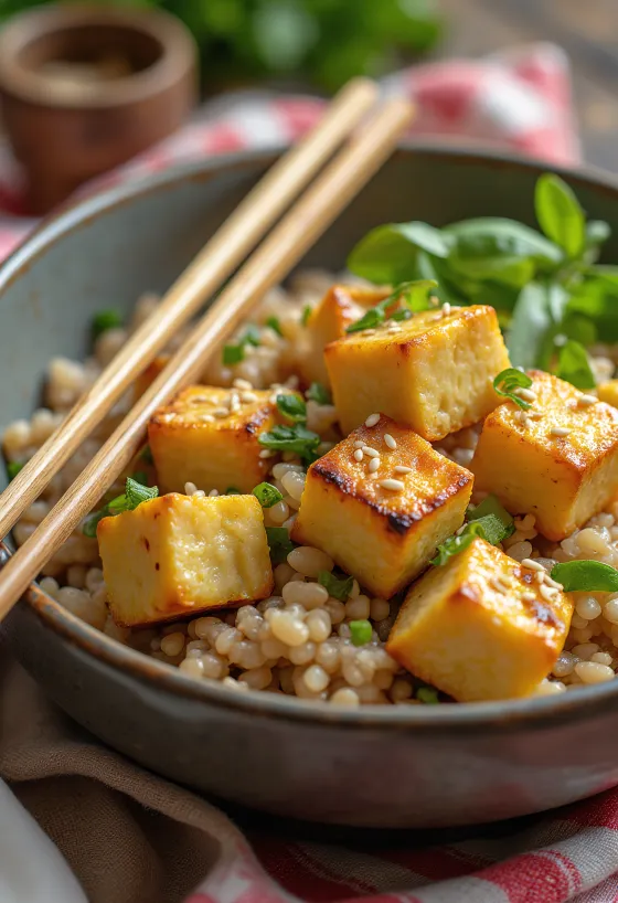 Farro tál sült tofu kockákkal, zöldségekkel és szezámmaggal megszórva
