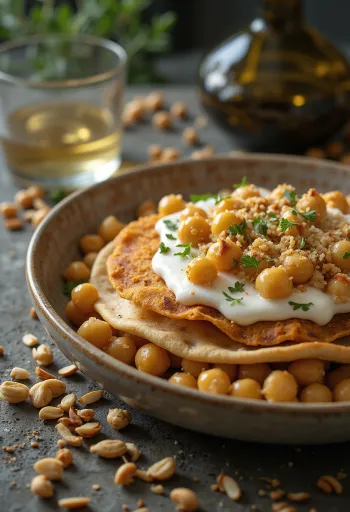 Klasszikus Fatteh, pirított pita darabokkal, csicseriborsóval, tahinis joghurttal és pörkölt fenyőmaggal.