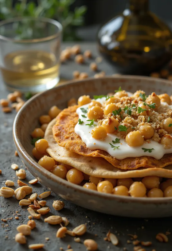 Klasszikus Fatteh, pirított pita darabokkal, csicseriborsóval, tahinis joghurttal és pörkölt fenyőmaggal.