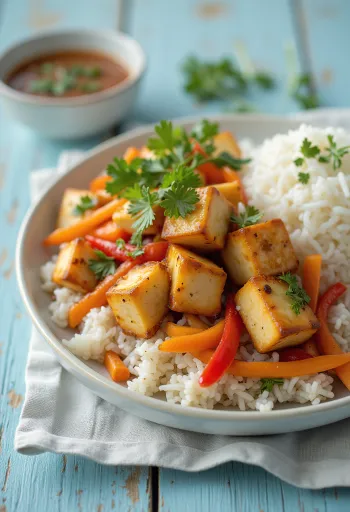 Fűszeres tofu rizses zöldségekkel tálalva