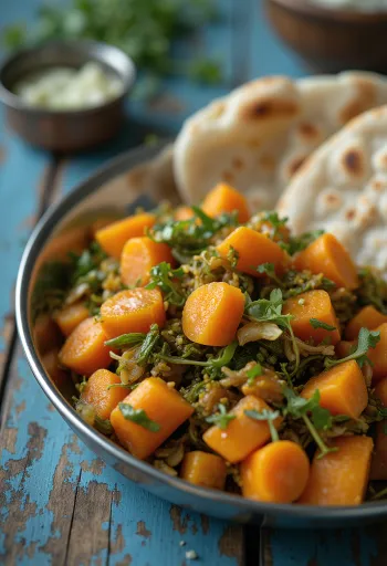 Gajar Methi Sabzi tálban, friss korianderrel díszítve