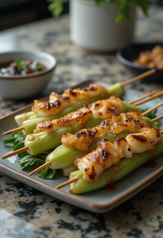 Ikada yakitori póréhagyma pálcikán, szezámmaggal és friss zöldhagymával tálalva