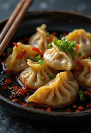 Kínai jiaozi csípős chilis olajban, tálalva fehér porcelántányéron