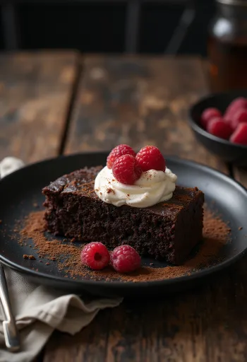 Kladdkaka málnával és tejszínhabbal tálalva, csokoládéval díszítve