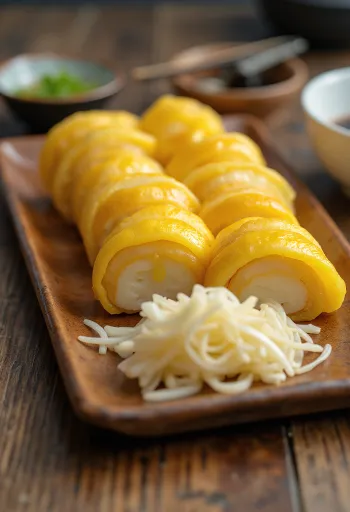 Klasszikus tamagoyaki szeletek, szójaszósszal és mirinnel tálalva