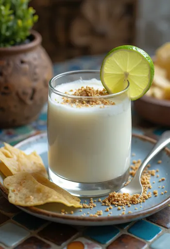 Köményes sós lassi friss korianderrel tálalva pohárban