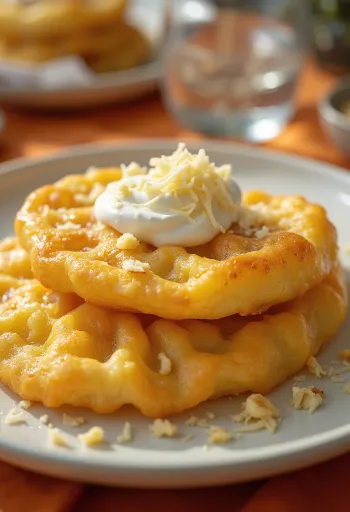Frissen sült házi lángos tejföllel és sajttal
