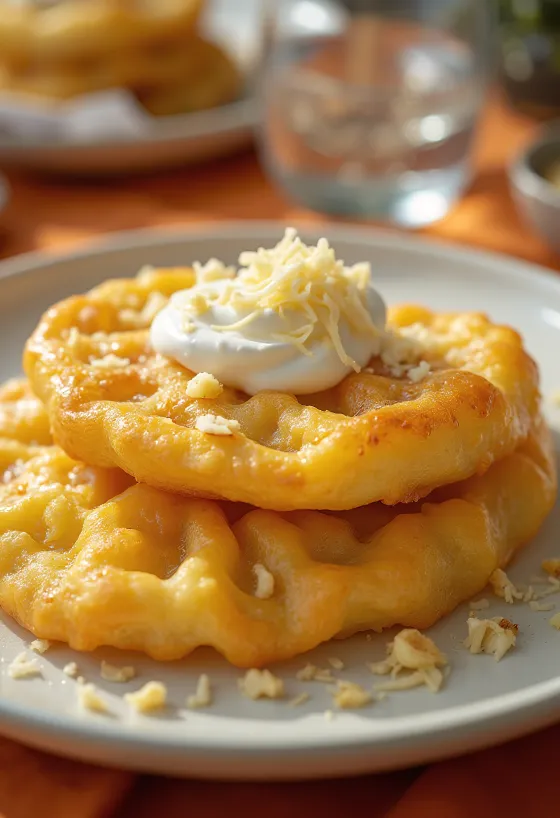 Frissen sült házi lángos tejföllel és sajttal