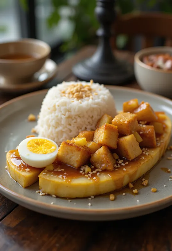 Nasi lemak tofuval, gazdag maláj étel szójaszószos ananásszal és tojással