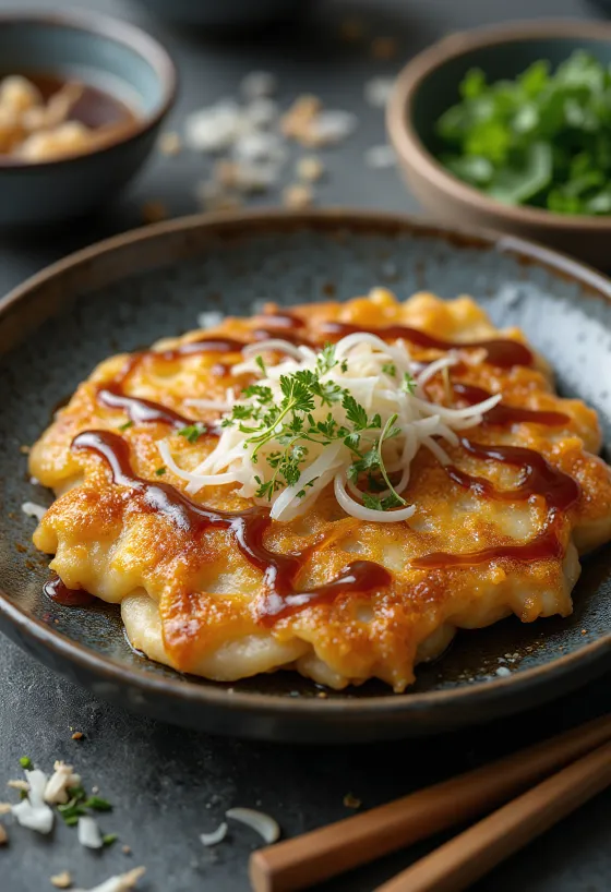 Szójaszósszal készült okonomiyaki tálalva, okonomiyaki szósszal és bonito pelyhekkel