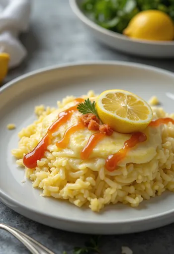 Omurice tál citrommal, omlettel és petrezselyemmel tálalva