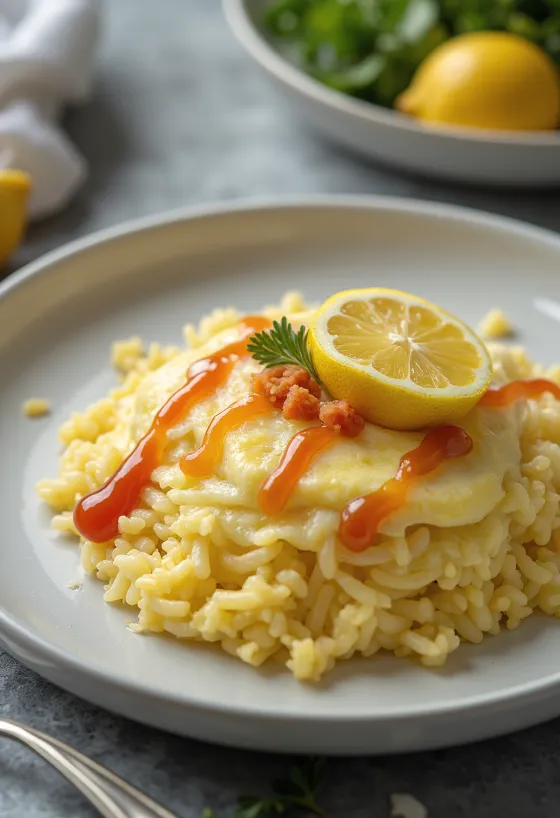 Omurice tál citrommal, omlettel és petrezselyemmel tálalva