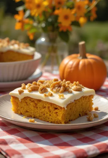 Őszi sütőtökös torta pörkölt dióval díszítve