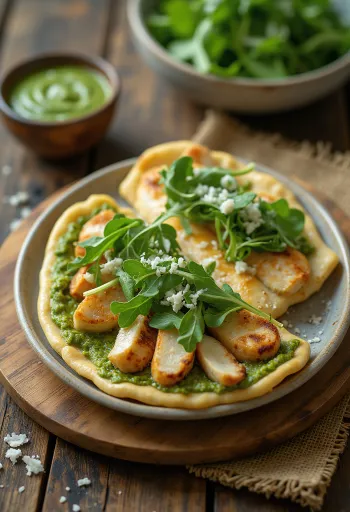 Piadina rukkolás-pesztós csirkével tálalva