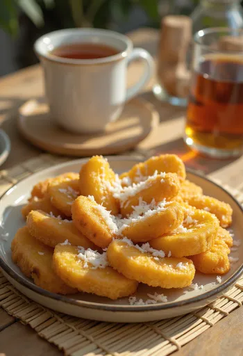 Pisang Goreng kókuszreszelékkel tálalva, ropogós, aranybarna banánfalatok
