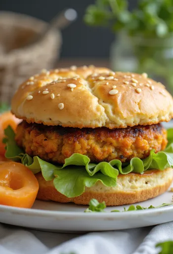 Prebiotikus zöldséges burger tálalva friss zöldségekkel és teljes kiőrlésű buciban