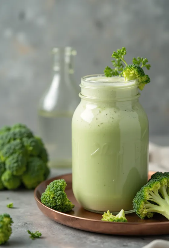 Probiotikus brokkolis kefir pohárban, zöldes árnyalatú, selymes textúrájú ital