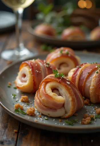 Baconbe göngyölt pulykamell tálalva