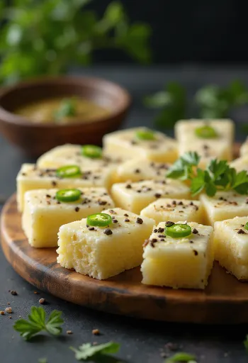 Rava Dhokla, egy tálban párolt, fűszeres öntettel és korianderrel díszített étel