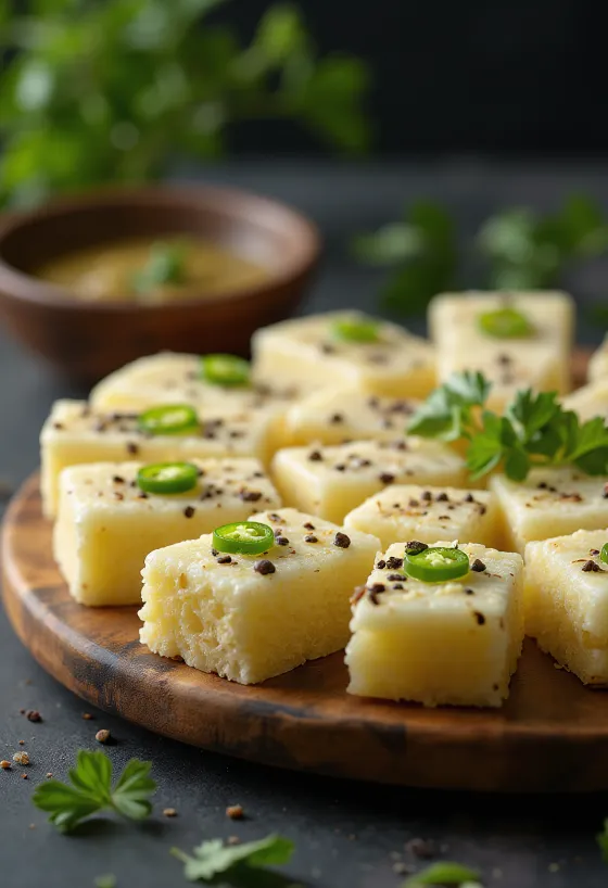 Rava Dhokla, egy tálban párolt, fűszeres öntettel és korianderrel díszített étel