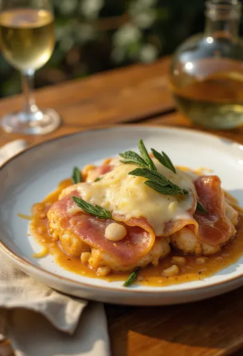 Saltimbocca borjúhús parmezán sajttal, parmai sonkával és zsályával, fehérboros szósszal tálalva