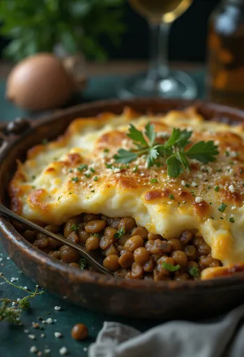 Shepherd’s pie lencsével tálalva, burgonyapürével a tetején