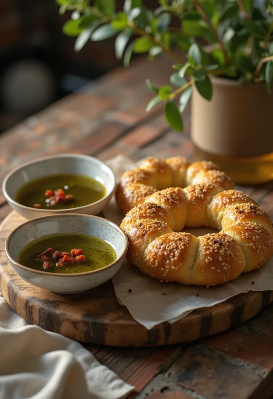 Simit fűszeres olívaolajjal, friss petrezselyem díszítéssel