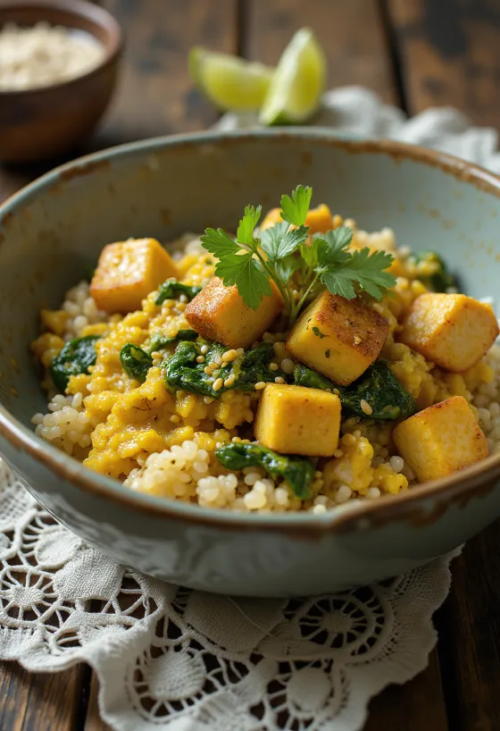 Spenótos quinoa curry tofuval
