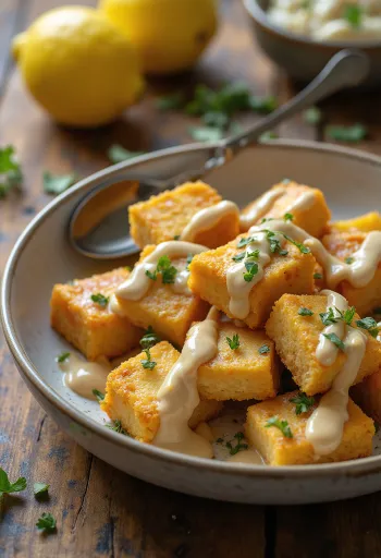 Sült tofu tahini citromos öntettel tálalva, friss petrezselyemmel és szezámmaggal