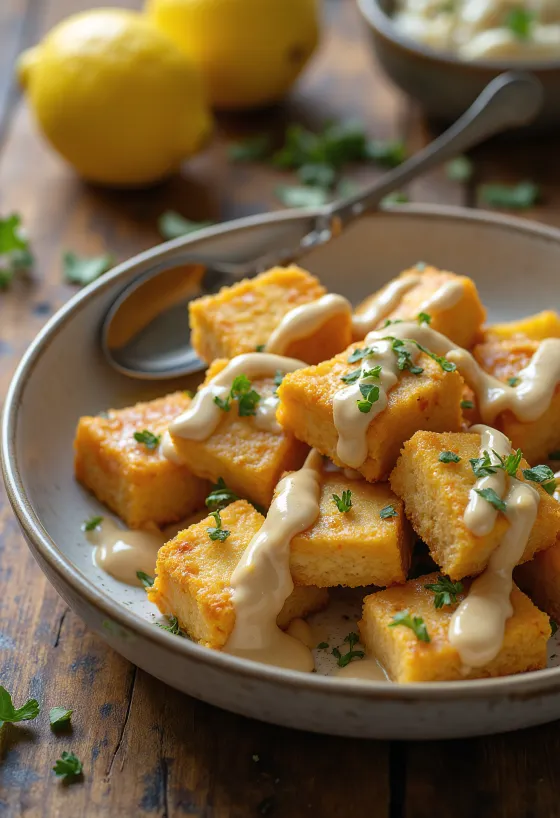 Sült tofu tahini citromos öntettel tálalva, friss petrezselyemmel és szezámmaggal