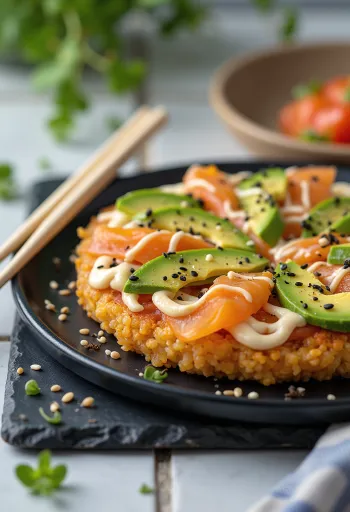Sushi pizza japán rizsalappal, lazaccal és avokádóval