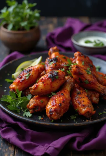 Tandoori csirke szárnyak fűszeres, pirosas mázzal bevonva, sütve, tálalva