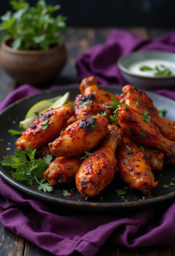 Tandoori csirke szárnyak fűszeres, pirosas mázzal bevonva, sütve, tálalva