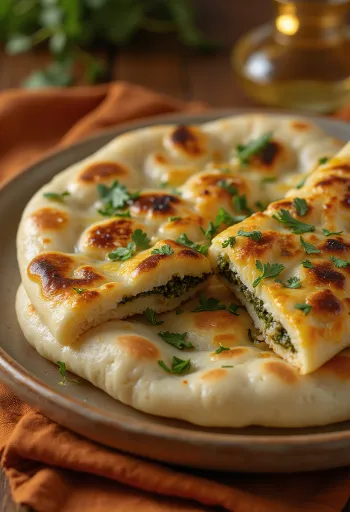 Töltött naan burgonyás és spenótos töltelékkel, lime-mal és korianderrel tálalva