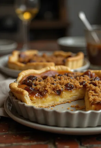 Treacle tart mazsolával, aranybarnára sülve, szeletelve