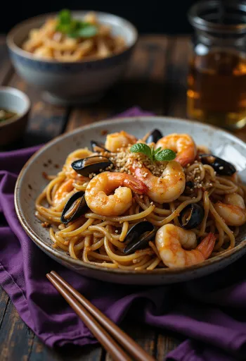 Yakisoba tenger gyümölcseivel tálalva, zöldhagymával díszítve