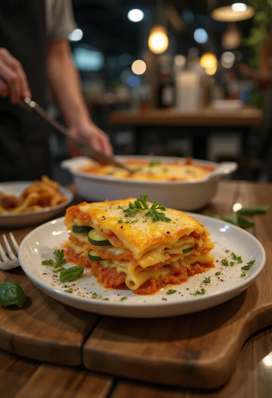 Zöldséges lasagne vegán sajttal tálalva