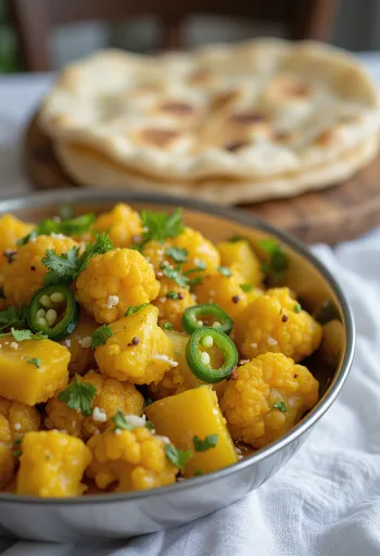 Aloo gobi csípős paprikával, friss korianderrel tálalva
