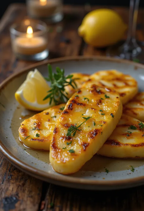 BBQ grillezett halloumi tálalva