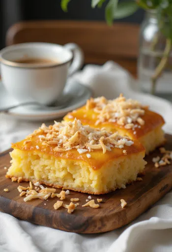 Cassava Cake kókuszreszelékkel, friss és édes sütemény szeletelve