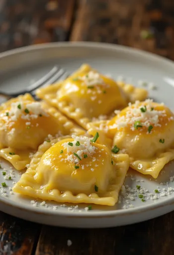 Csirkés és sajtos ravioli vajas szósszal tálalva