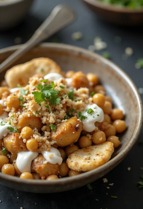 Fatteh csirkével, pirított pita darabokkal, csicseriborsóval, tahinis joghurttal és pörkölt fenyőmaggal.
